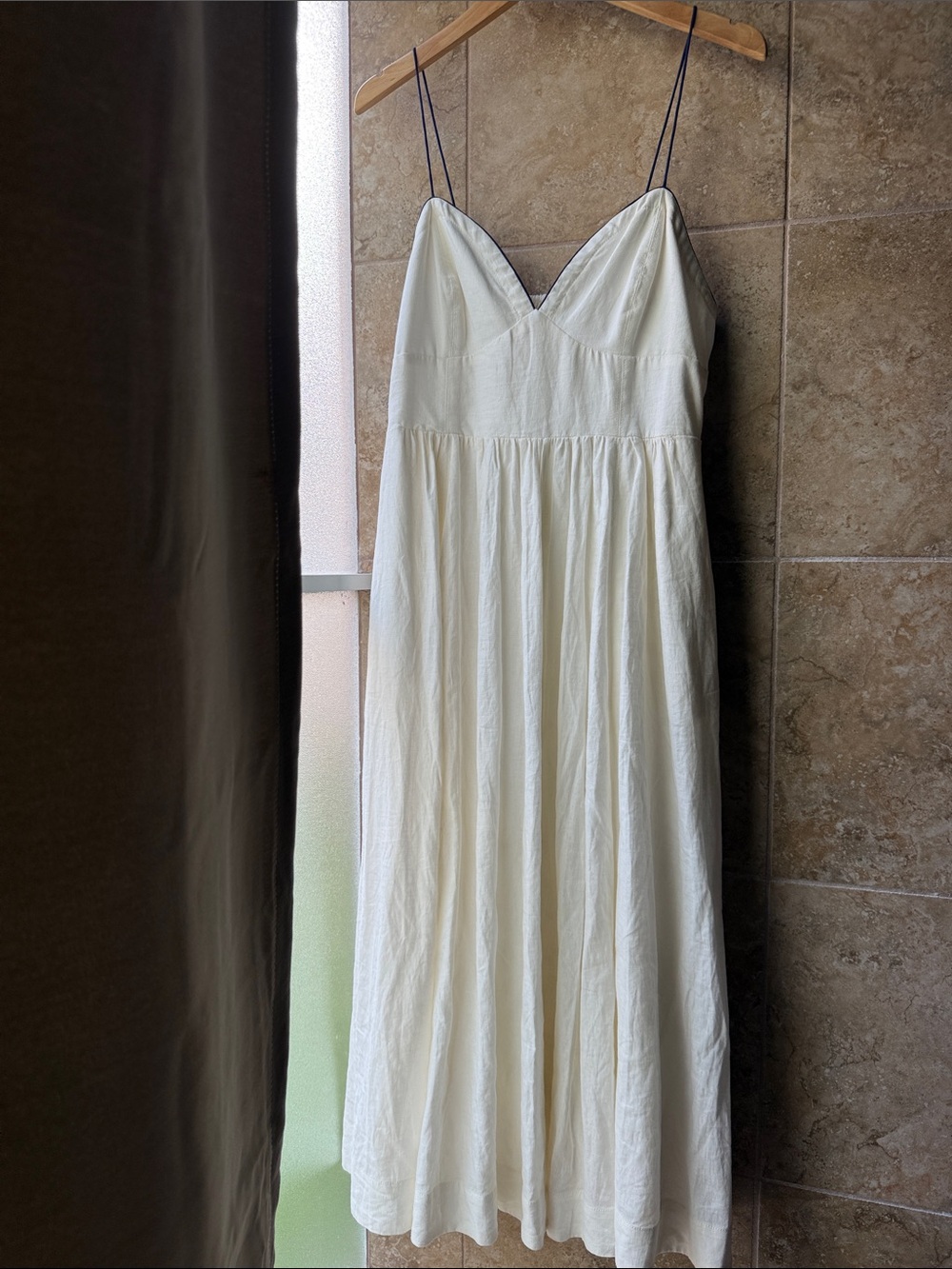 Maeve Linen Midi Dress White Navy Contrast Seamed Anthropologie Pockets Smocked - Picture 6 of 16